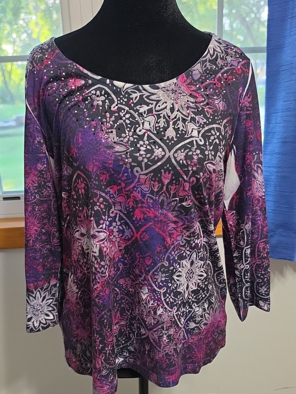 Laura Ashley Purple and Pink Floral-Pattern Long Sleeve Tee with Stud Details